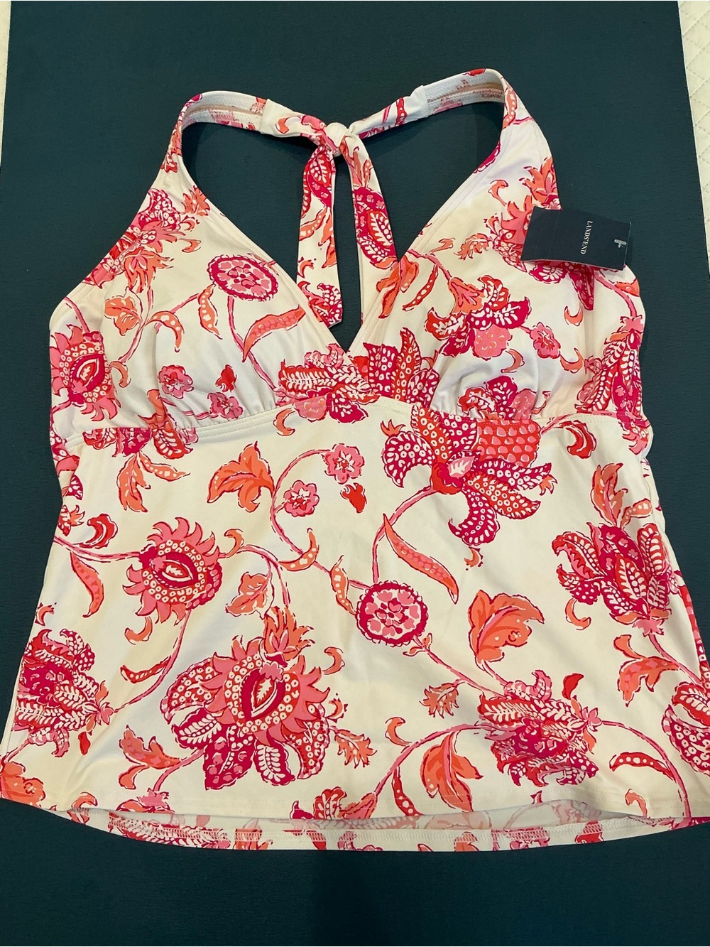 Lands' End White Tankini Top with Pink & Coral Floral Print - Picture 2 of 6